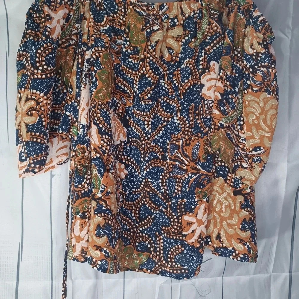 Madewell 100% silk cropped tie cold shoulder sea floral boho top - Picture 7 of 10